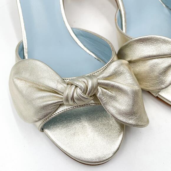 Frances Valentine Bottie Bow Heels Gold Sandals Geodome Slide Leather Sz 7 - Picture 5 of 12